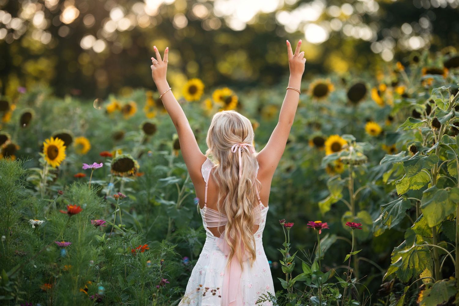 Back view of white dress in sunflower field with arms raised in celebration. Middle TN senior photographer.