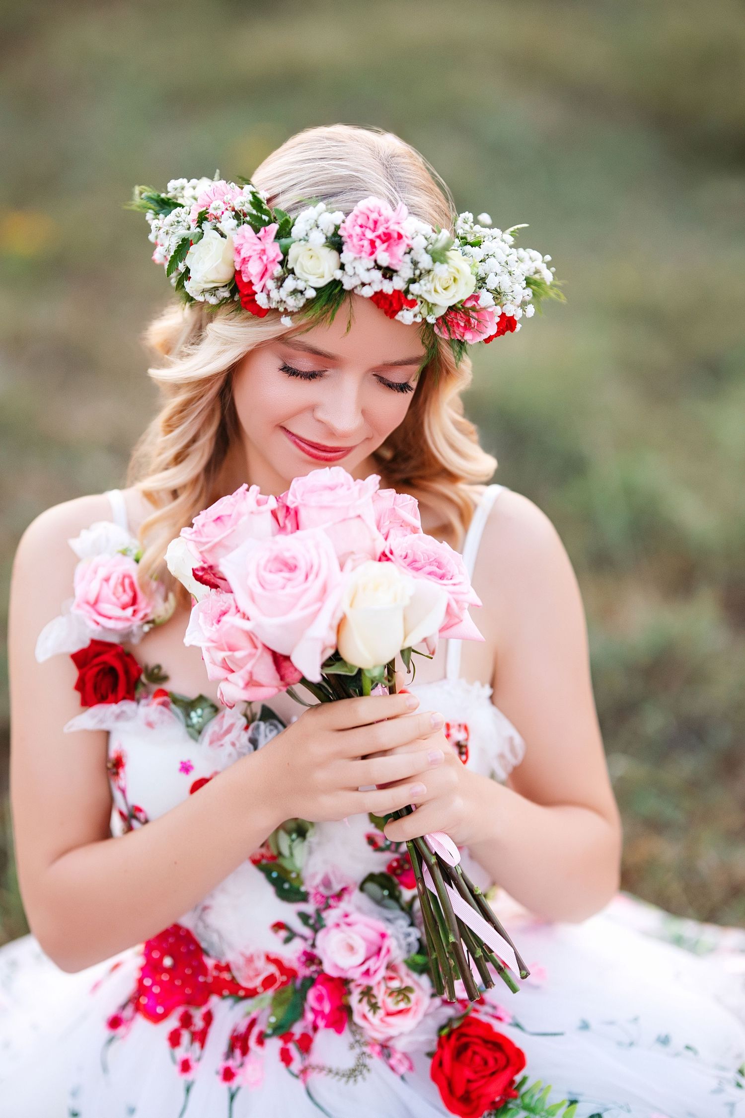 Romantic portrait with flower crown and pink roses against soft background. Middle TN senior photographer.