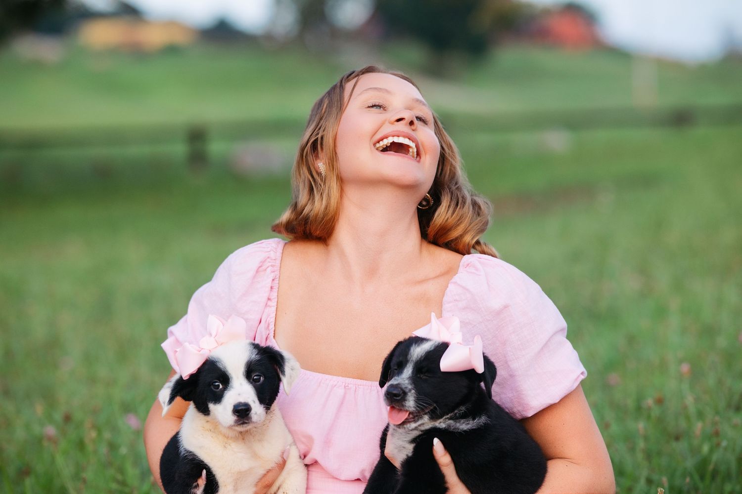 A joyful moment captured in a field with two black and white dogs and a pink summer dress.