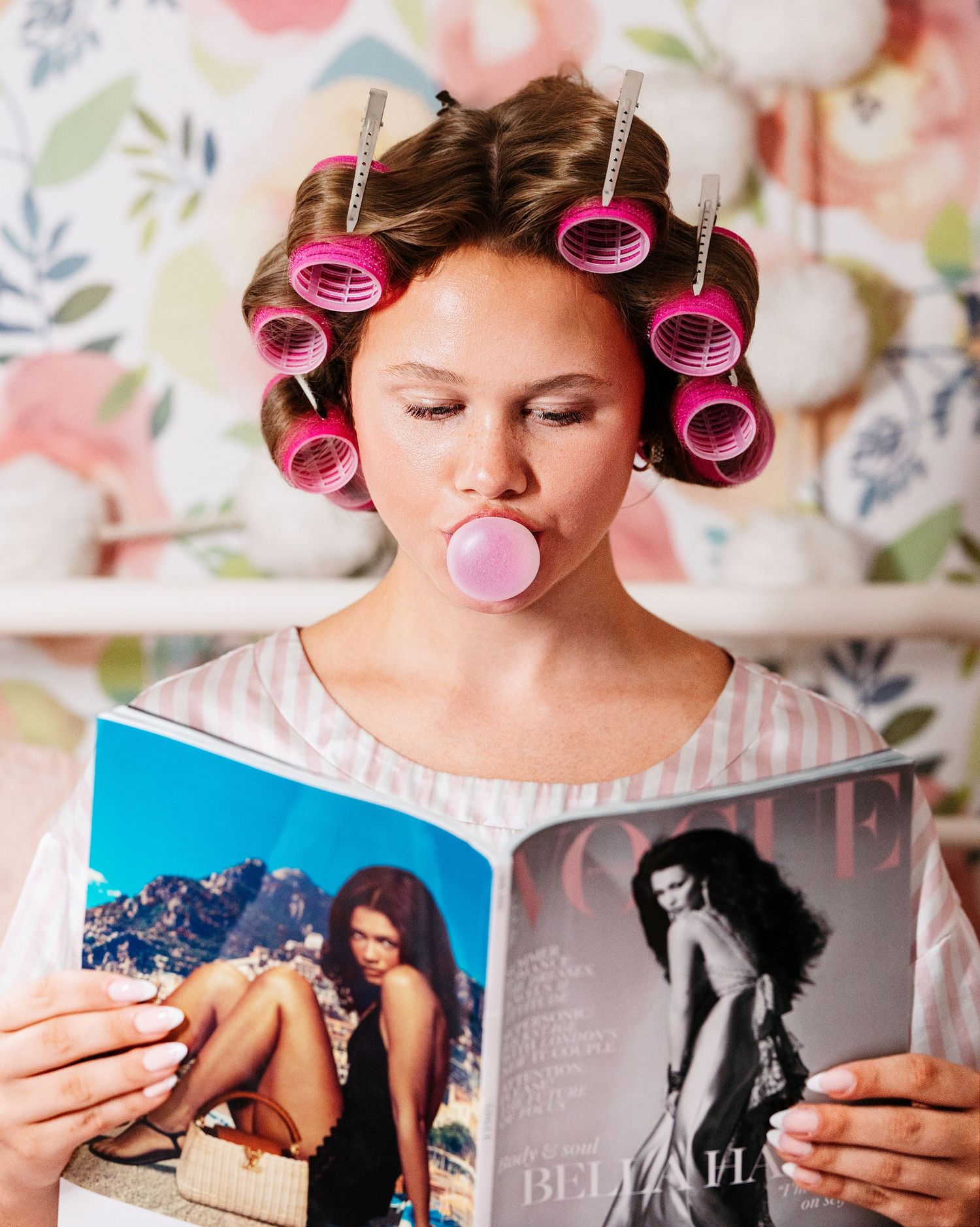 A series of getting ready photos showing pink hair rollers and reading a book before a special event.