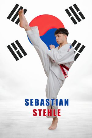 Martial artist performs high kick against white background with South Korean flag and text overlay.
