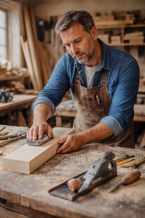Carpenter in blue shirt and apron carefully sands wooden block at dusty workbench with hand tools nearby.