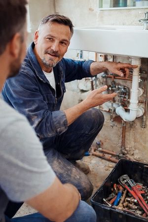 Professional plumber working under sink with tools and plumbing equipment while performing repairs and maintenance.