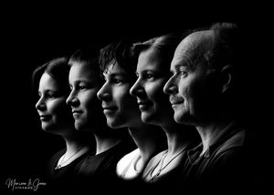 Dramatic black and white profile view of five people in side-lit silhouette arranged in horizontal sequence.