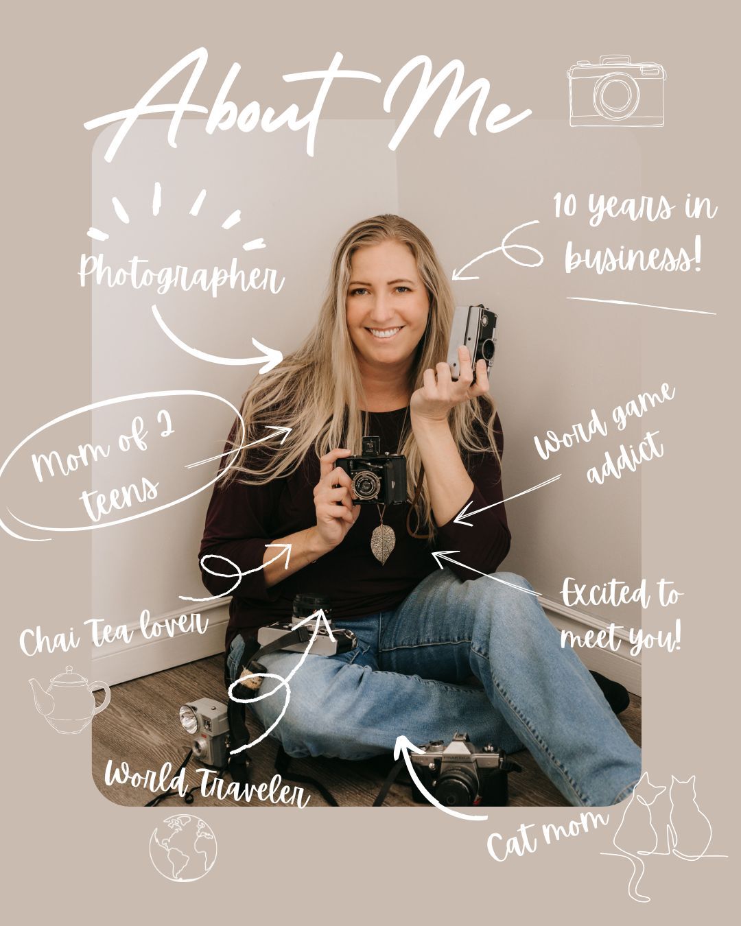 An About Me promotional photo of a female photographer holding cameras with fun descriptive text overlays.