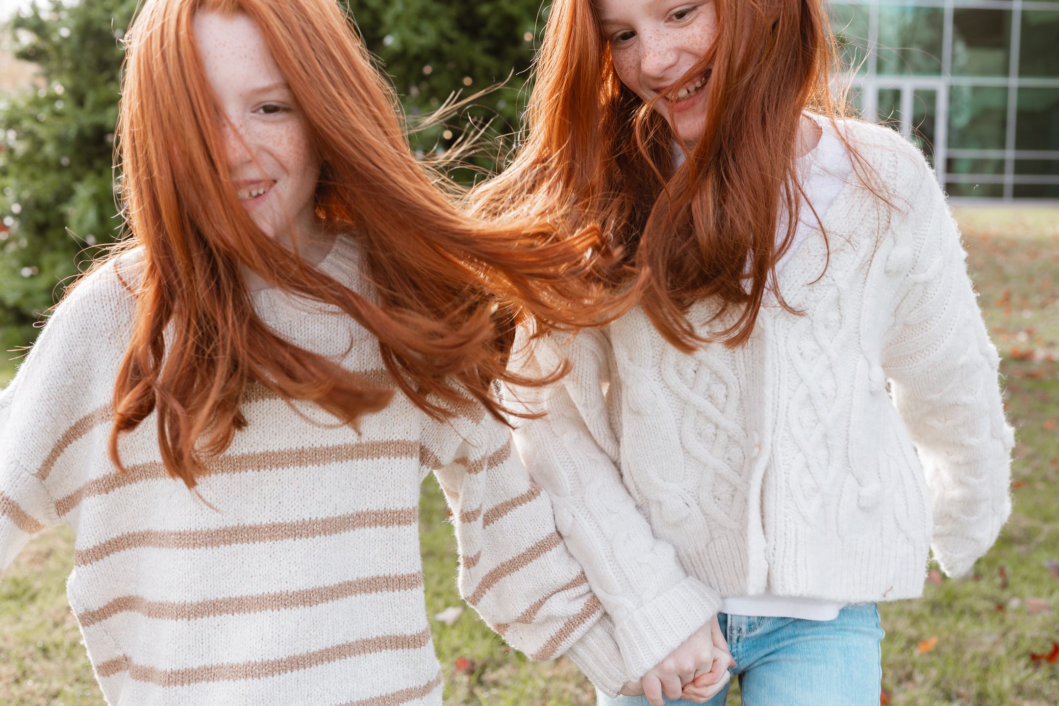 Casual outdoor photoshoot series in white clothing against natural background.