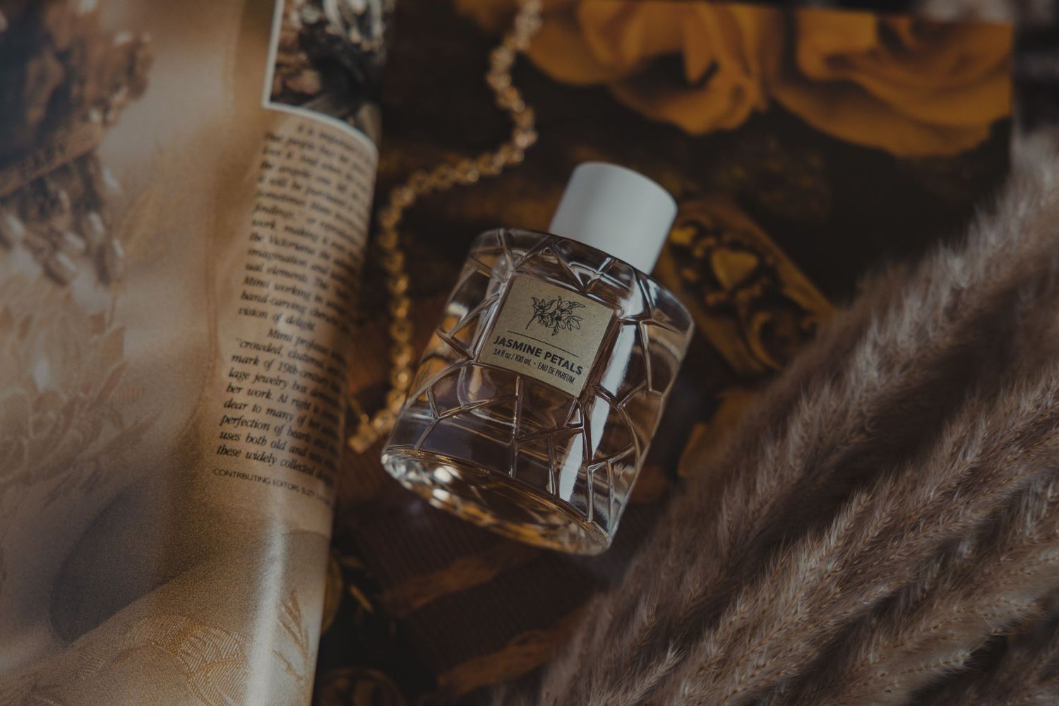 romantic, warm, classic, perfume, dark academia, vintage, dark, moody, product photography, lifestyle, still-life, cozy, soft, feminine,