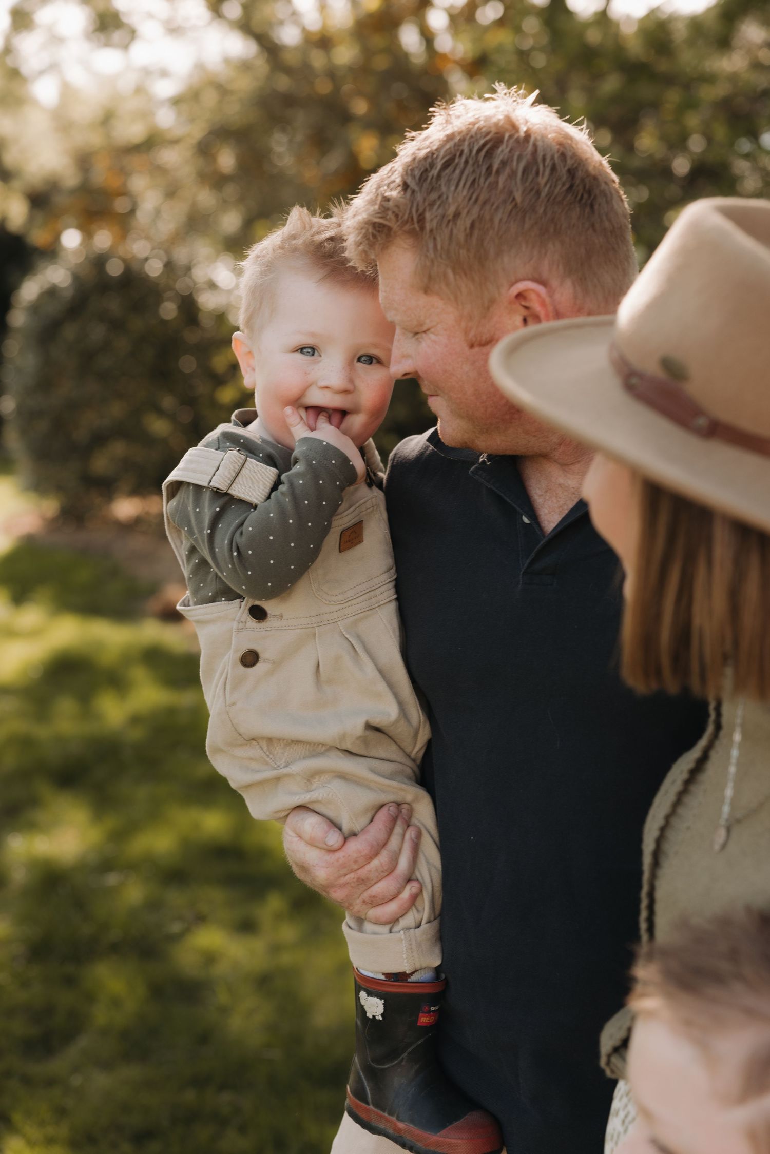 A series of tender family moments captured in warm sunlight showing affectionate interactions outdoors.