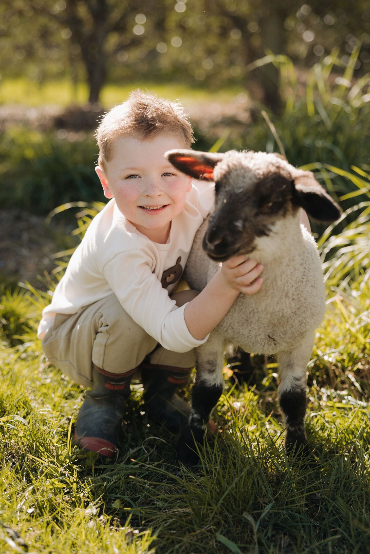 A young child in casual attire plays and interacts with a small black and white lamb on green grass in sunlight.