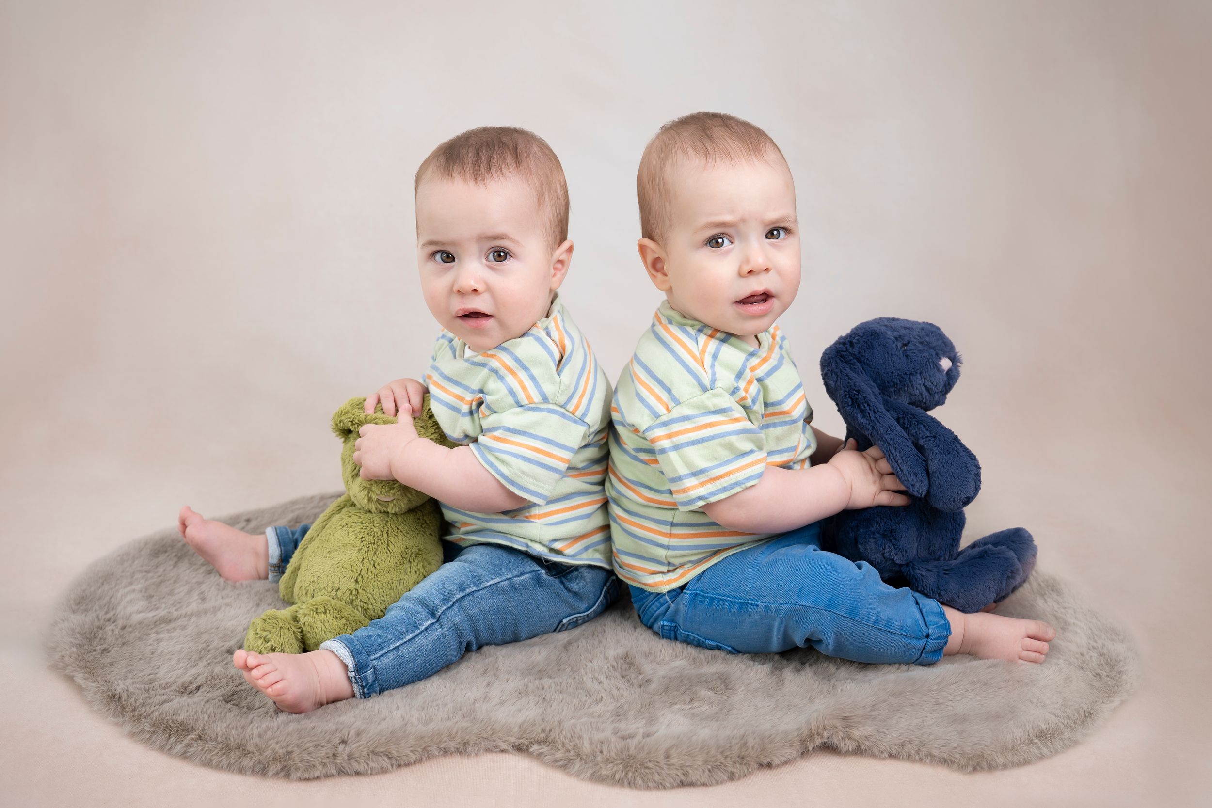 little sitters twin photo kent based photographer ashford kent uk with two bunny teddies