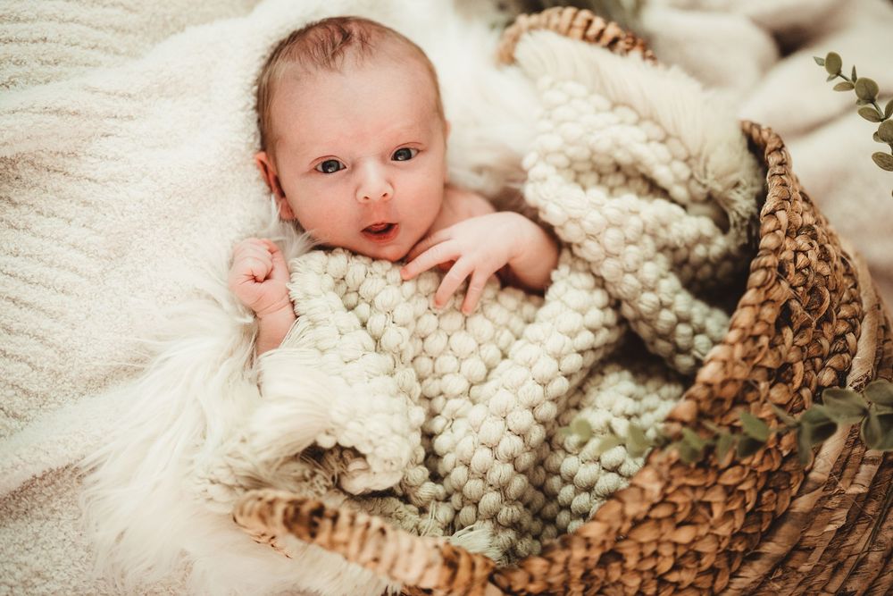 Newborn baby lying on soft white blanket with natural decorative elements.