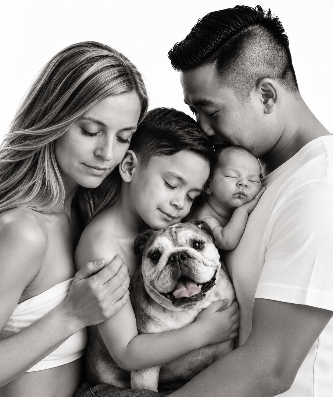 Black and white family portrait with parents, young boy, newborn baby, and English Bulldog posing together.