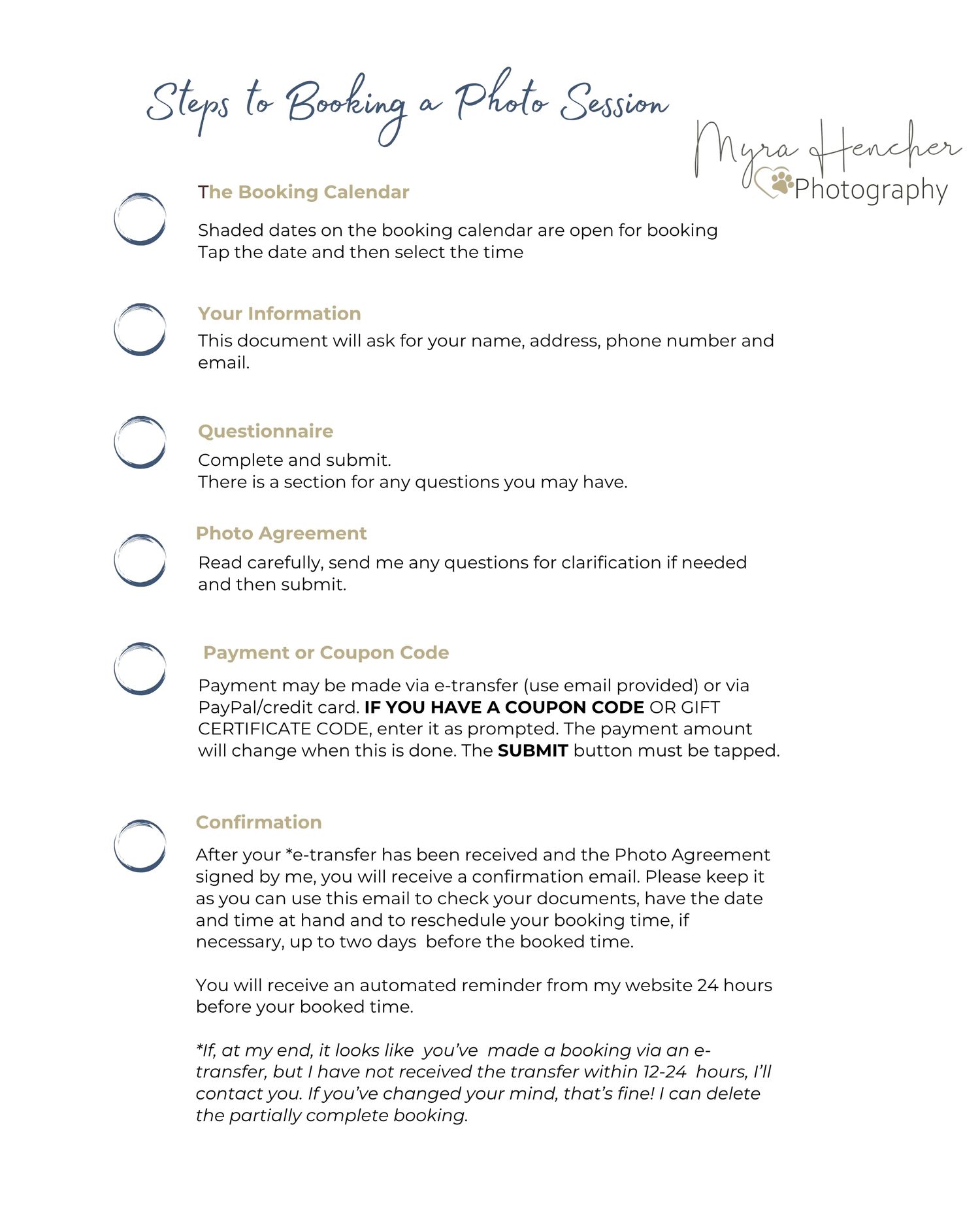 A step-by-step photo session booking guide by Myra Hencher Photography outlining calendar, info, questionnaire, and payment steps.