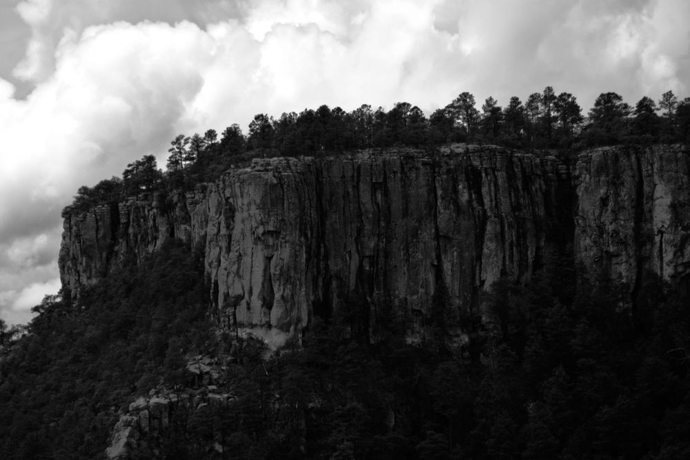 Dramatic black and white photograph of tall cliff faces with trees along the ridge.