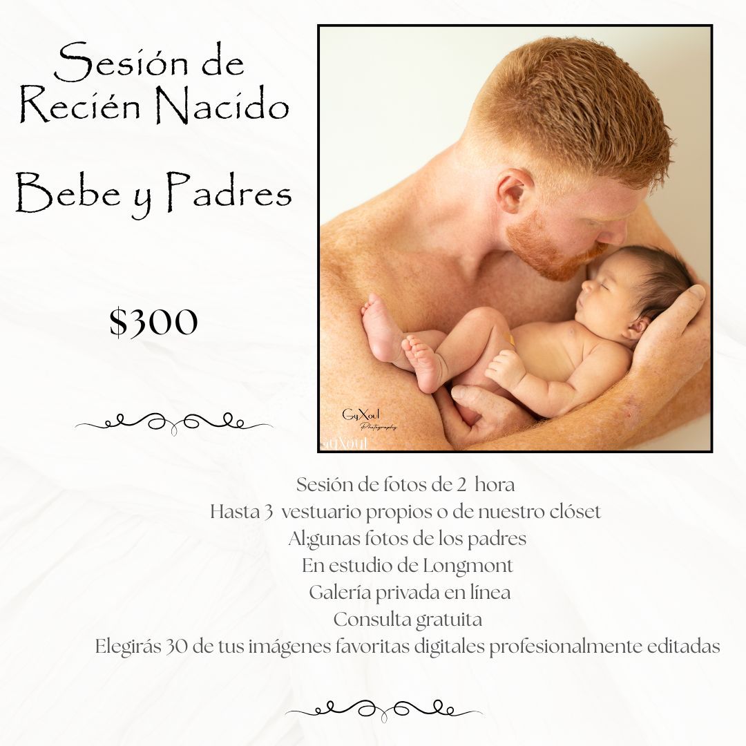 A father tenderly kisses his newborn baby in a professional newborn photography session advertisement priced at $300.