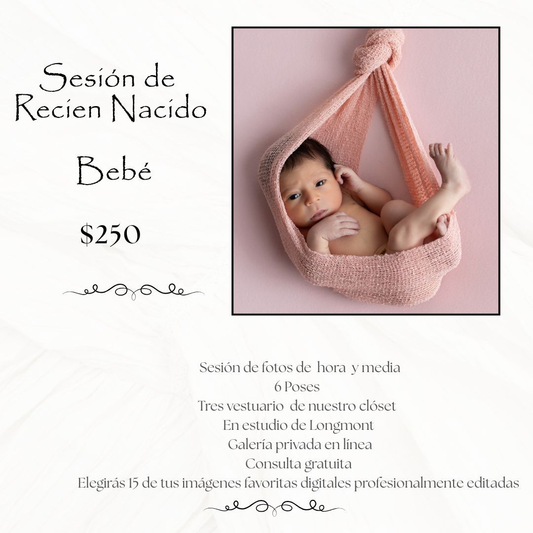 Newborn baby photography session promotional flyer in Spanish, featuring infant in pink hammock, priced at $250.