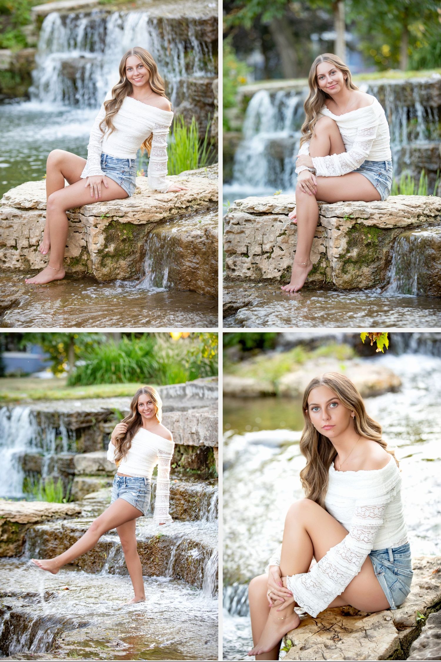 Senior pictures near Columbus Ohio featuring a Pickerington Central senior by waterfalls, stone features, and garden landscapes.