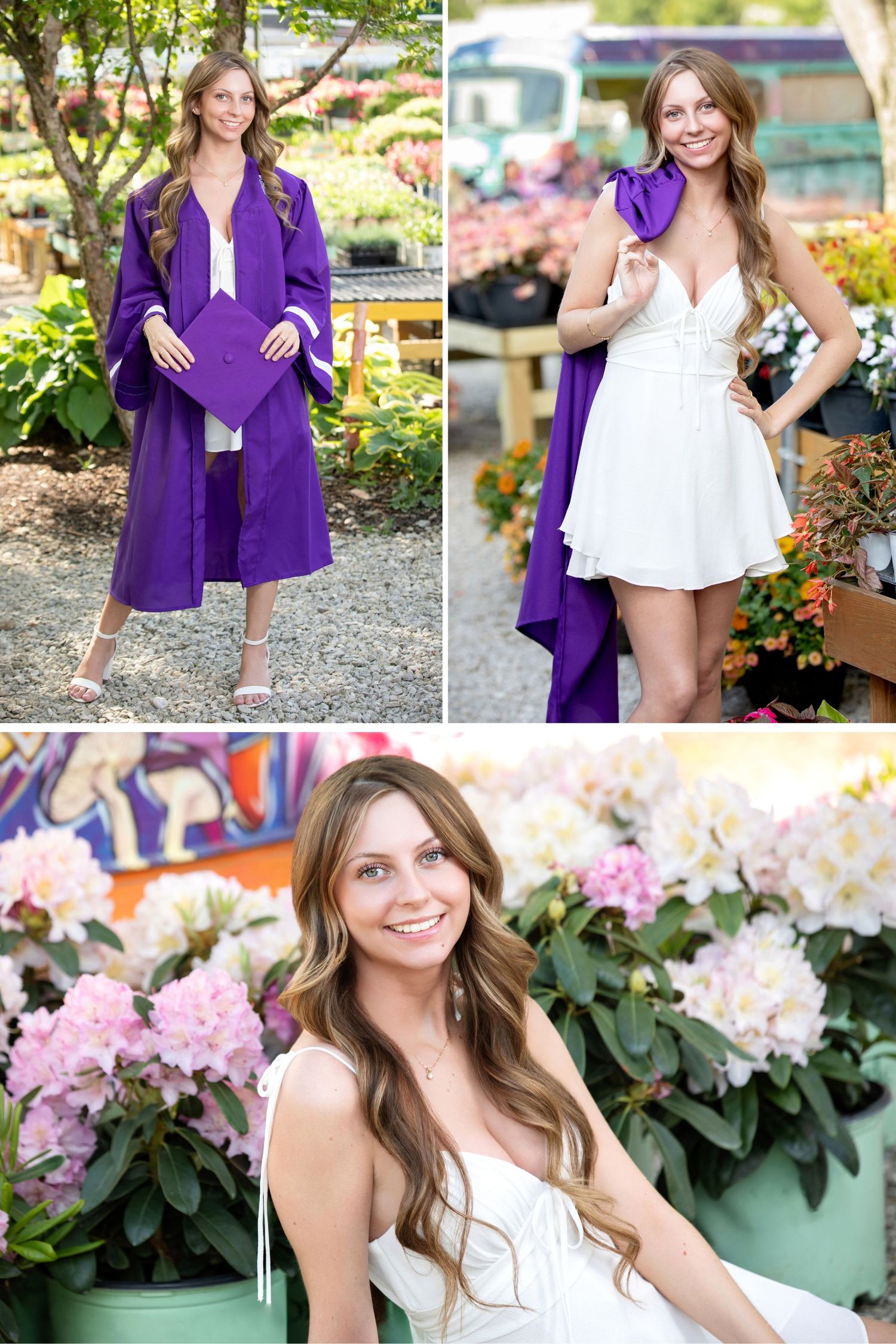 Pickerington Central senior pictures featuring cap and gown portraits and white dress surrounded by flowers at Groovy Plants Ranch