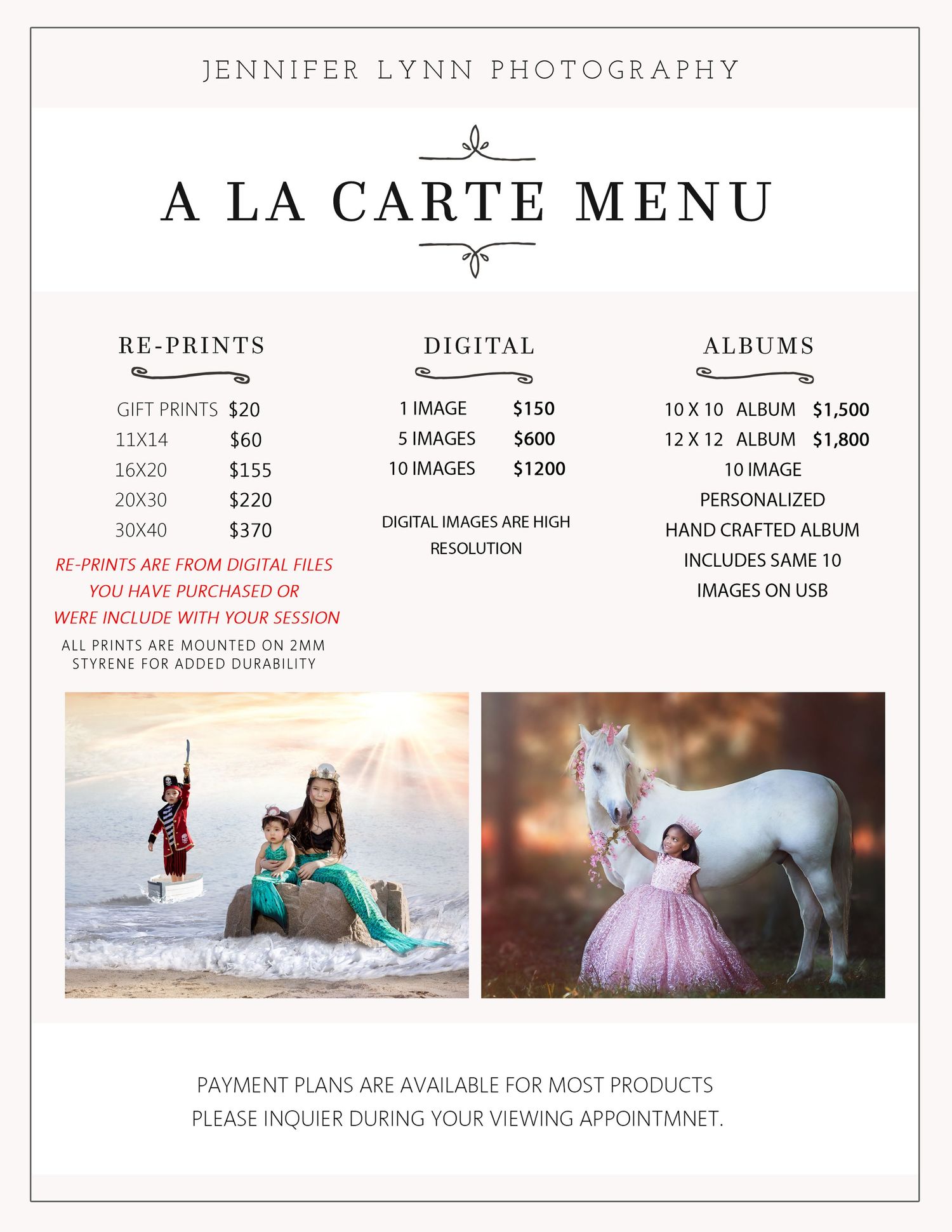 A la carte photography menu from Jennifer Lynn Photography featuring children in costumes with a white horse.