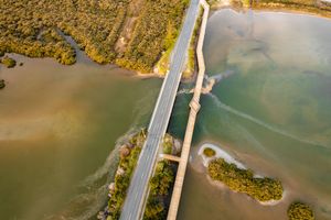 Aerial view of a road bridge crossing a tidal estuary with green mangroves.