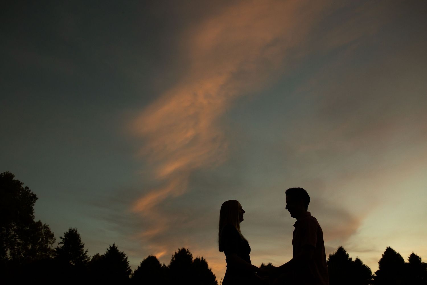 Silhouettes of a couple facing each other against a dramatic sunset sky with wispy clouds and tree line.