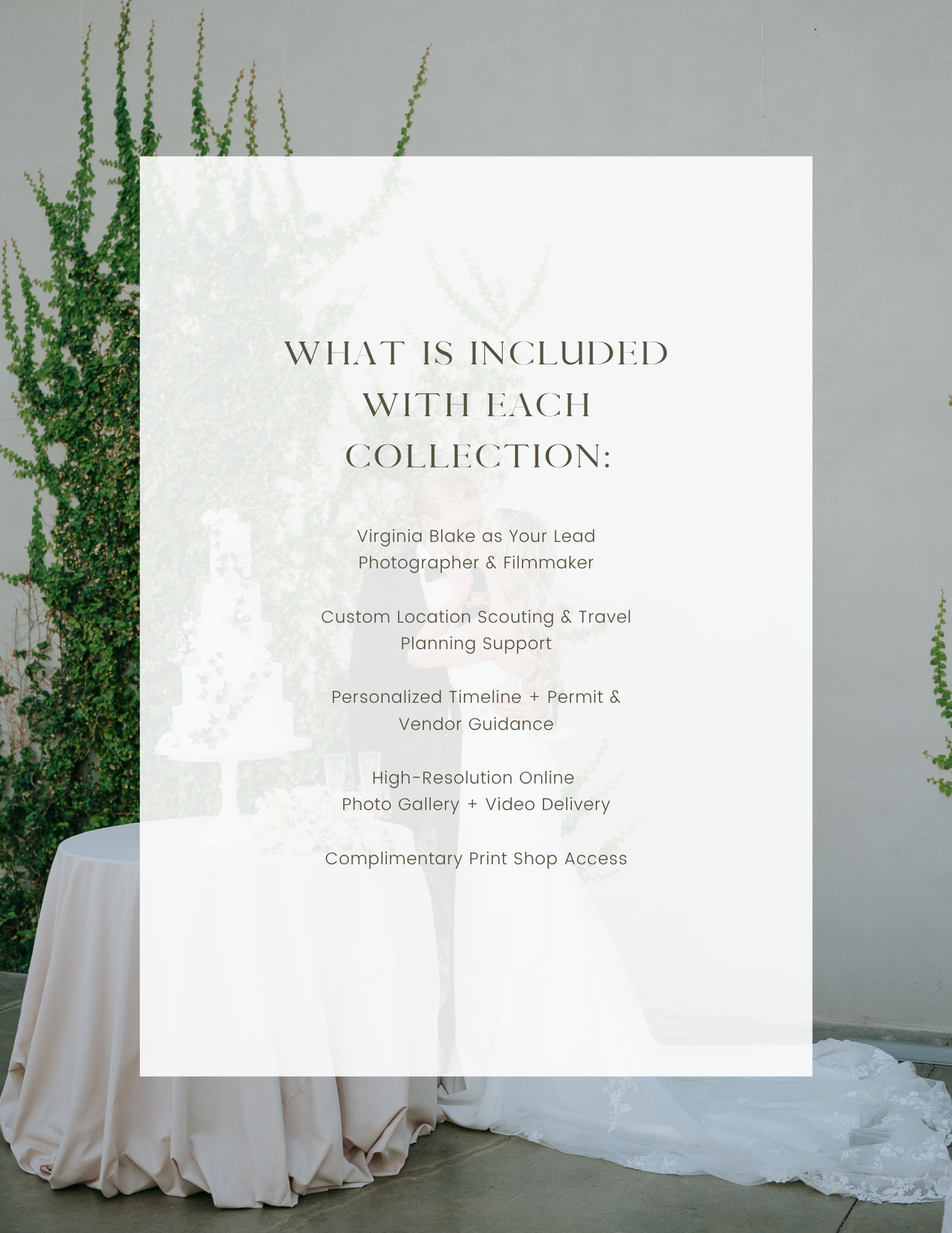 Elegant wedding photography package details with lush greenery backdrop and white draped table setting.