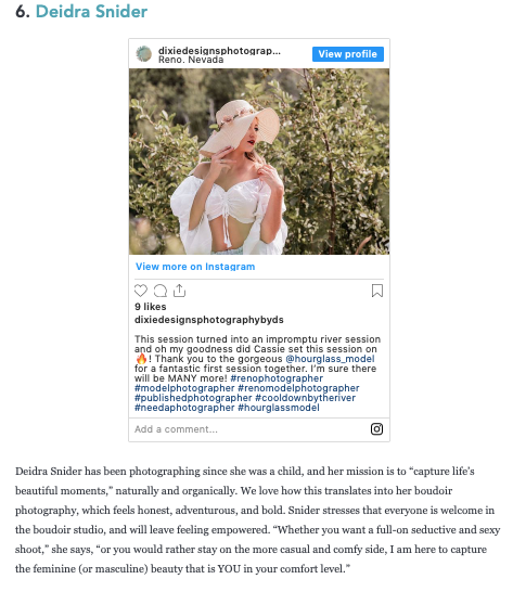 Deidra Snider boudoir photographer profile feature in online publication ranked in the top 10 boudoir photographers in Reno..