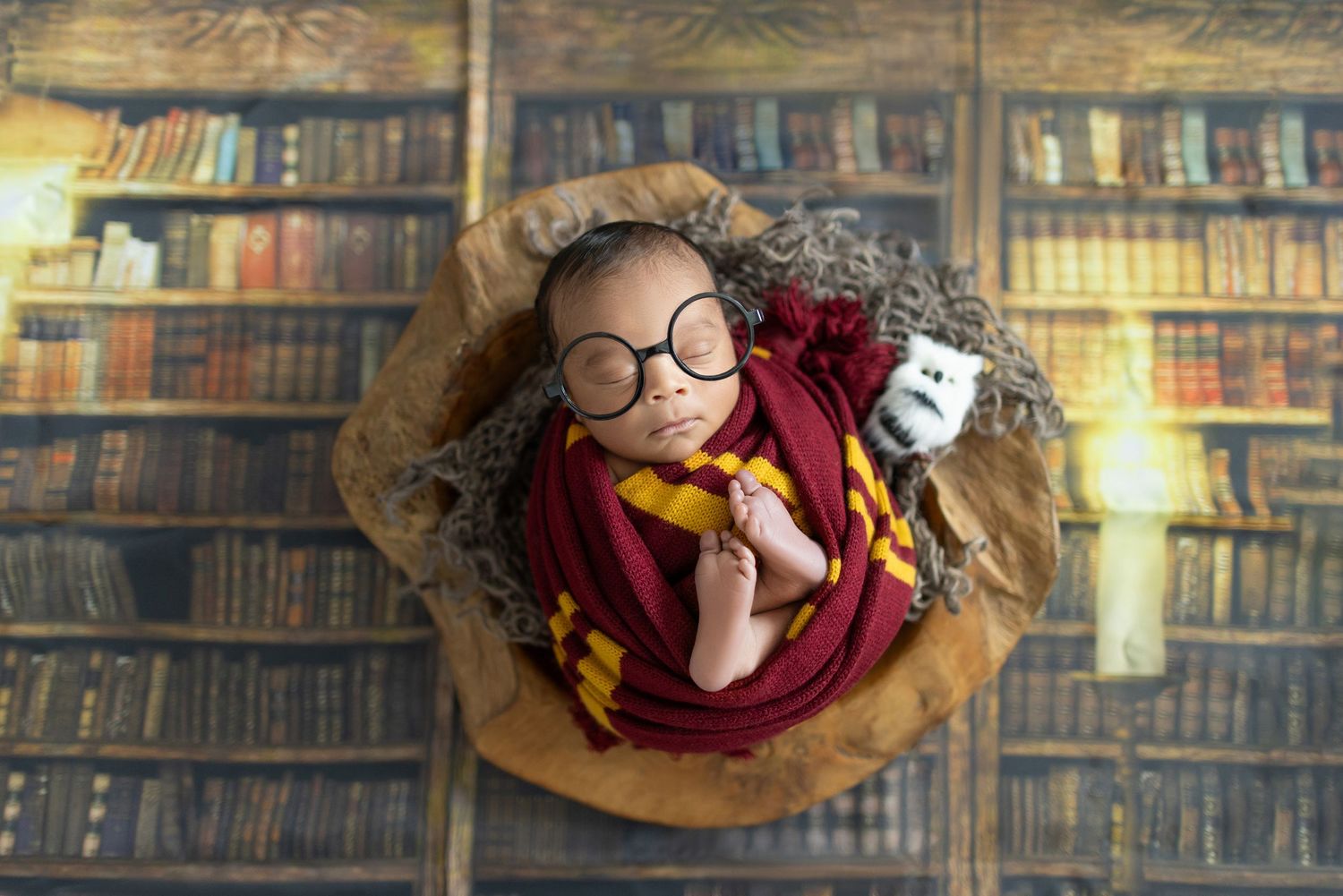 Newborn baby dressed as Harry Potter with round glasses and Gryffindor scarf, sleeping in a wooden bowl with owl toy.