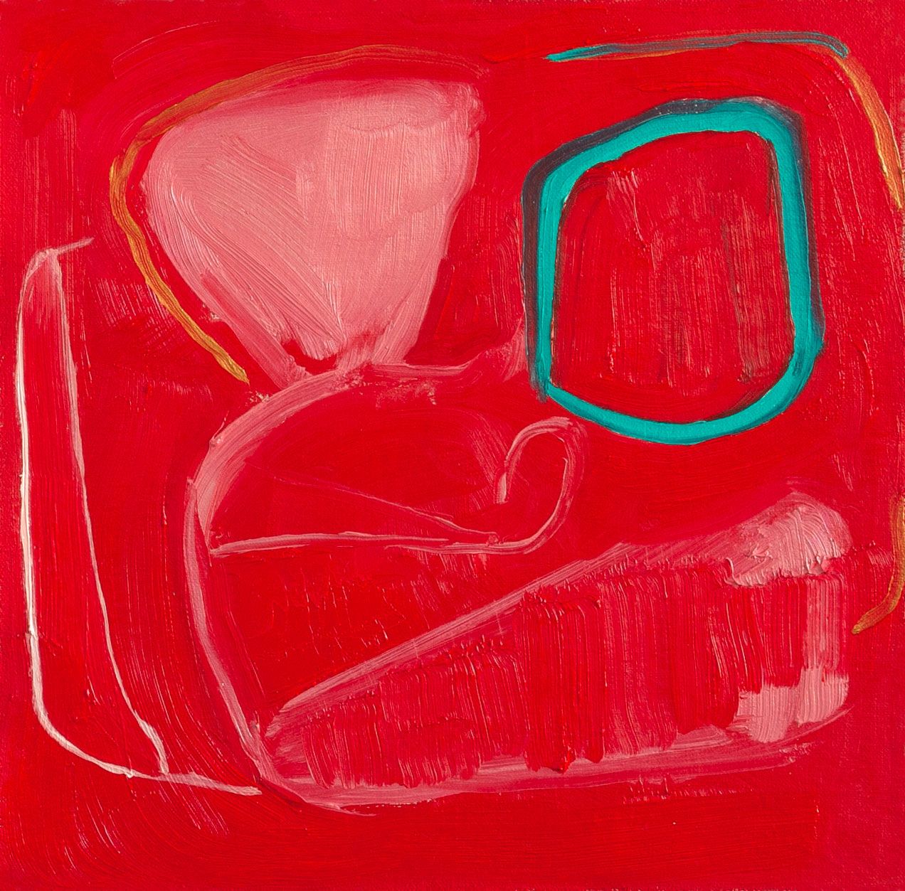 Small-scale bright red abstract painting with loose brushstrokes.