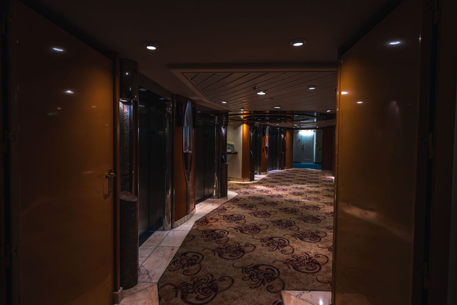 Dimly lit hotel corridor with patterned carpet, wooden doors, and recessed ceiling lights creating an elegant ambiance.