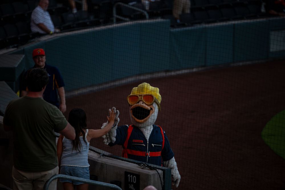 Baseball mascot in yellow sunglasses and hat high-fiving fans in stadium stands during a game.