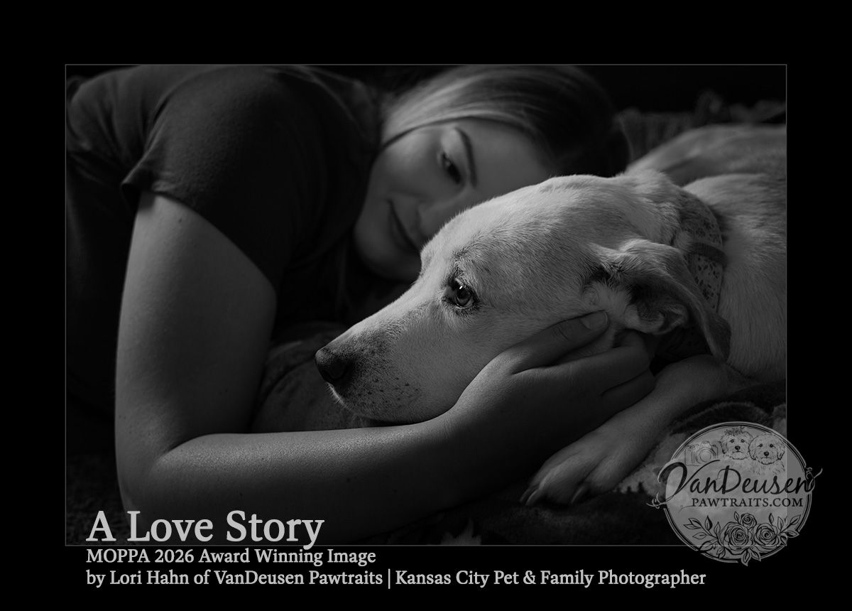 Black and white pet portrait of a woman cuddling with her dog, award-winning Kansas City pet and family photography.