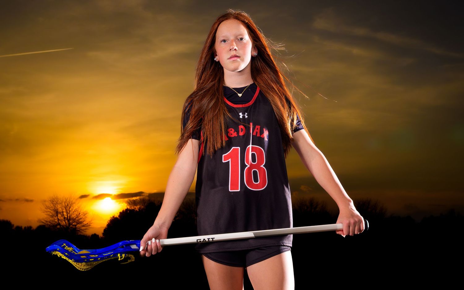 Regan Fedash M&D club lacrosse Media Day portrait at sunset, by Deanna Fox, SportsFox Photography based in Hershey PA