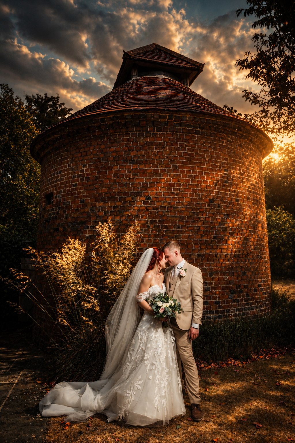 Bride and groom share a romantic moment at sunset before a rustic brick tower, with dramatic clouds and golden light.