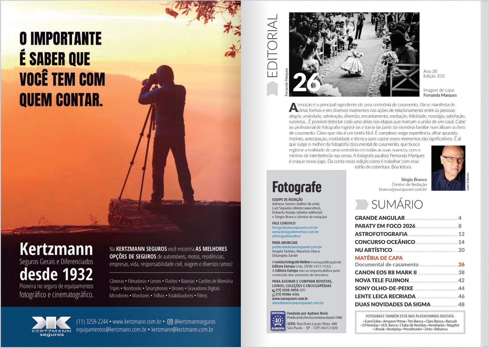 A Brazilian photography magazine spread featuring a Kertzmann camera store ad and editorial table of contents with black and white photos.