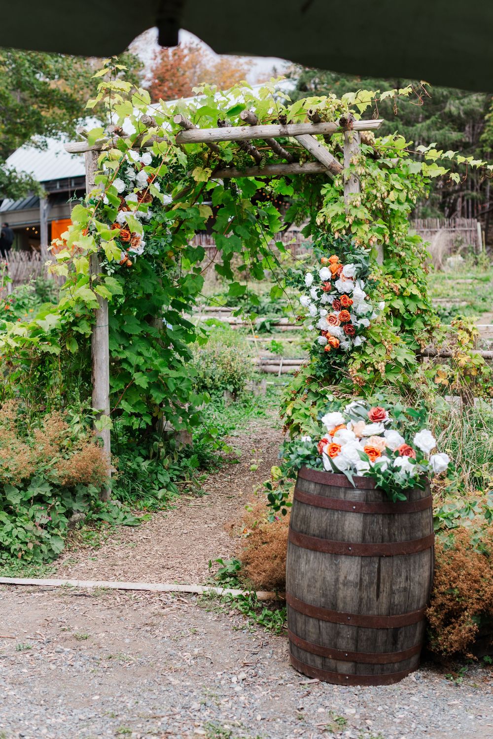 Rustic wooden garden arch covered in green vines and white flowers beside a wine barrel topped with orange and white floral arrangements.