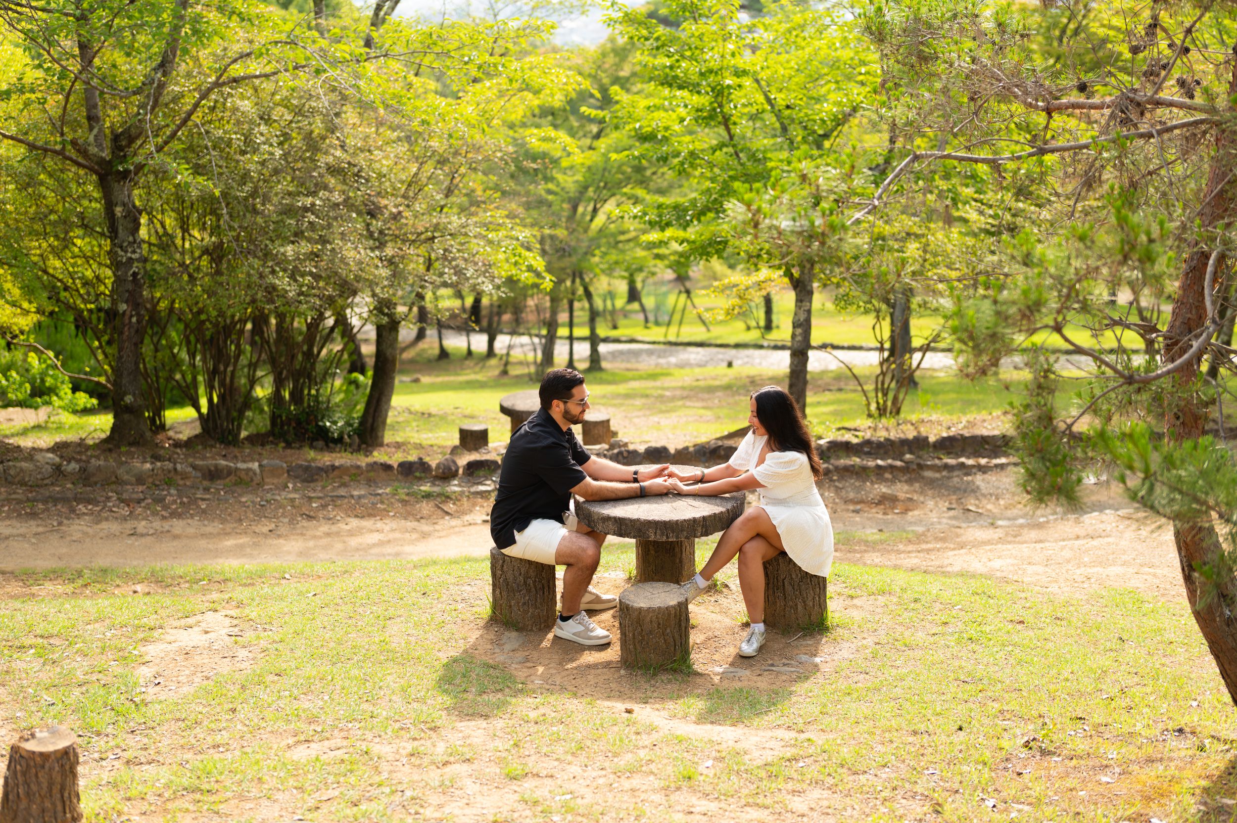 Couple sitting across from each other on wooden stump seats at a small round table, holding hands in a sunny, tree-filled park.