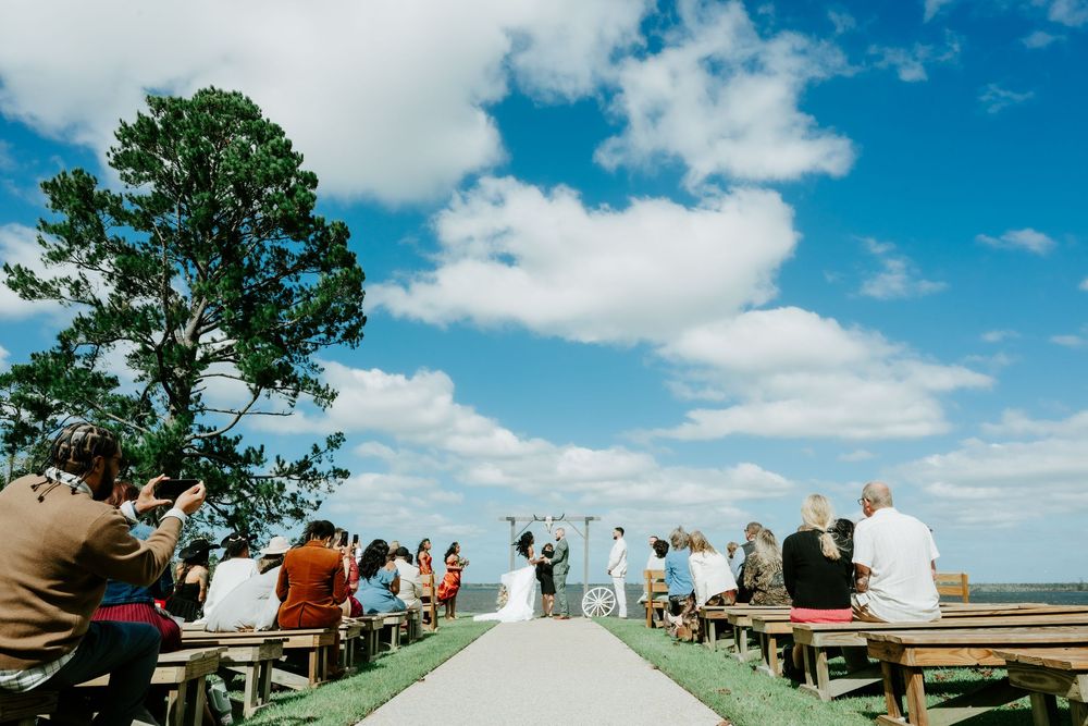 Wedding guests seated on wooden benches along an aisle watch a ceremony outdoors beside a large tree under a bright blue sky with clouds.
