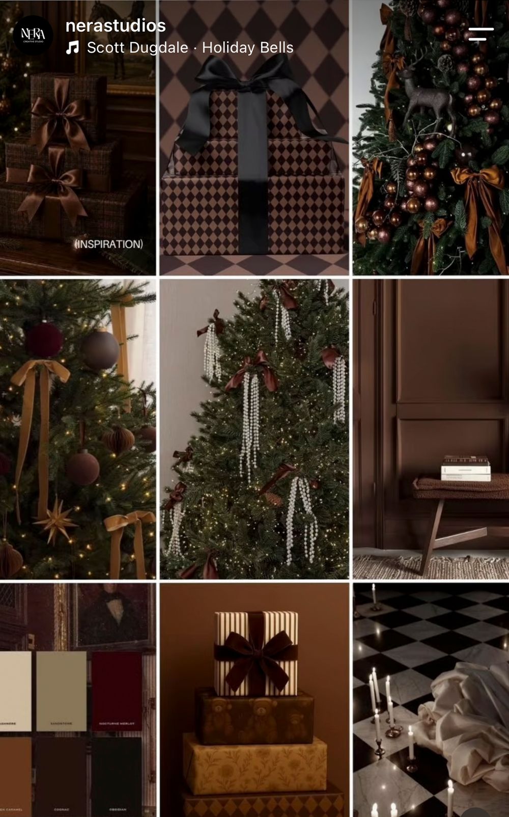 A dark moody holiday mood board featuring Christmas trees, wrapped gifts, and festive decor in rich brown and burgundy tones.