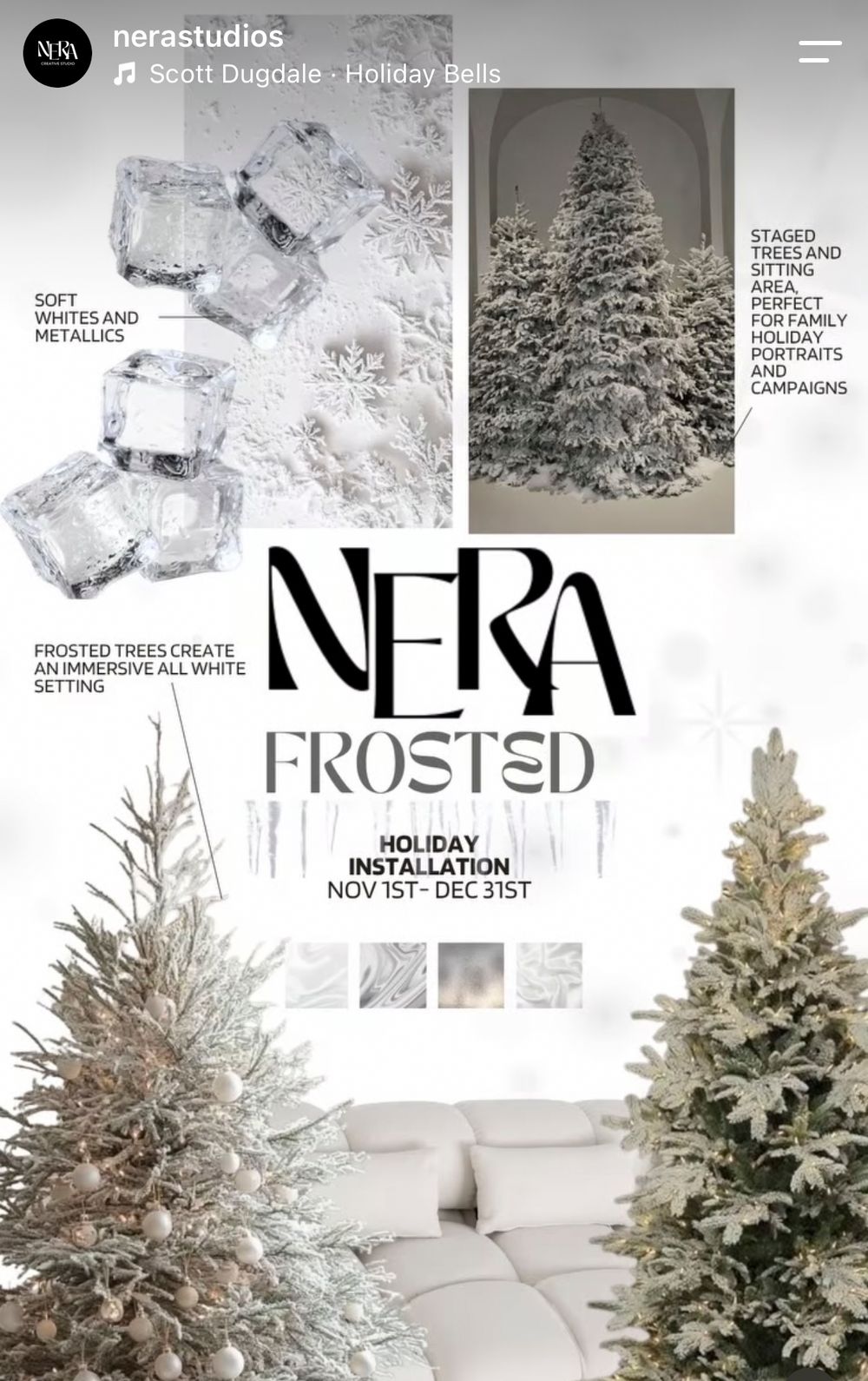 Nera Frosted holiday installation featuring flocked white Christmas trees, soft metallics, and a winter wonderland aesthetic, Nov 1-Dec 31.
