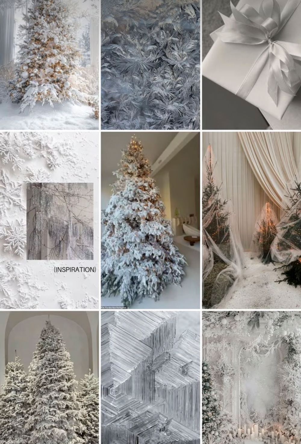 A winter white Christmas mood board featuring snow-flocked trees, frost patterns, white gifts, and icy crystal decorations.