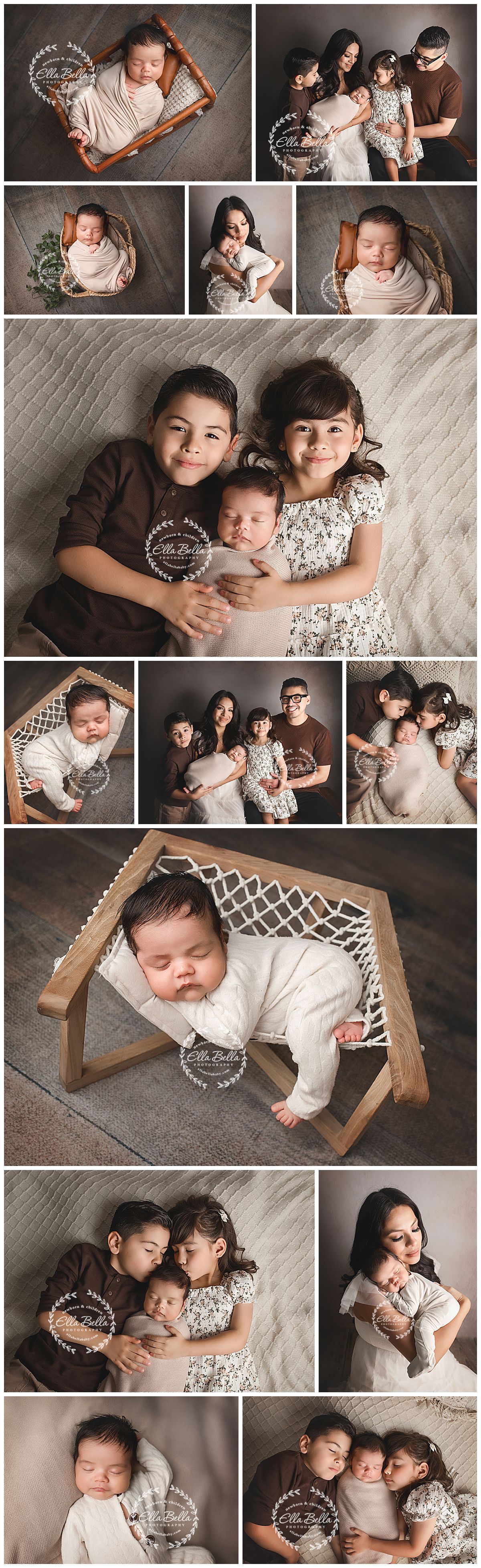 Newborn baby sleeping in a wooden hammock bed, part of a family photo session collage with siblings and parents in neutral tones.