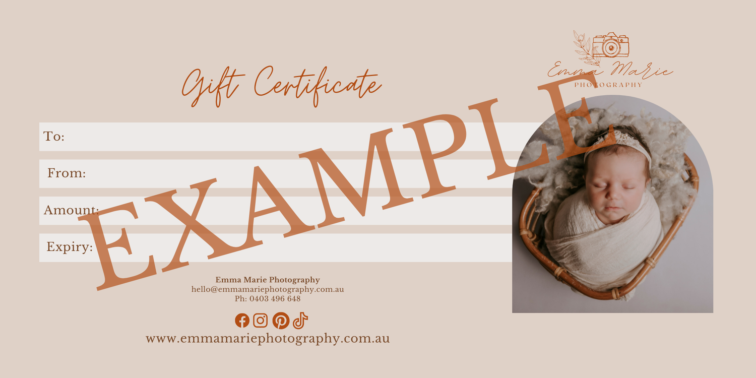 Example newborn photography gift certificate with To, From, Amount and Expiry fields beside a swaddled sleeping baby in a wicker basket.