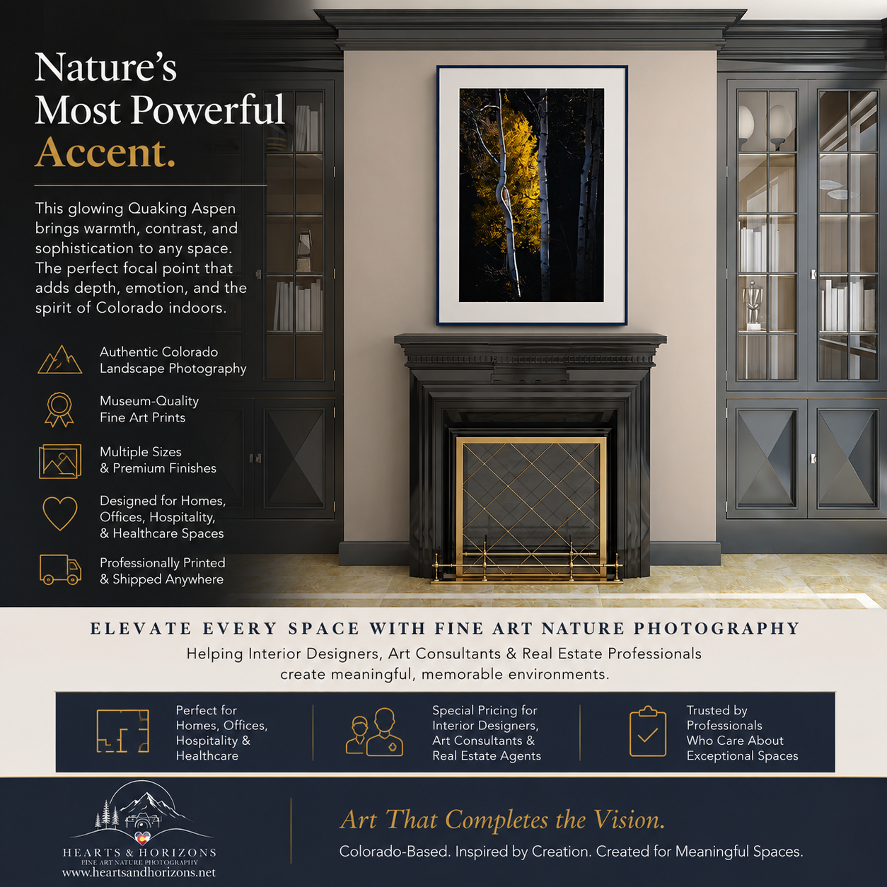 Hearts & Horizon Fine Art Nature Photography installation and advertisement for interior designers, art consultants, art curators.