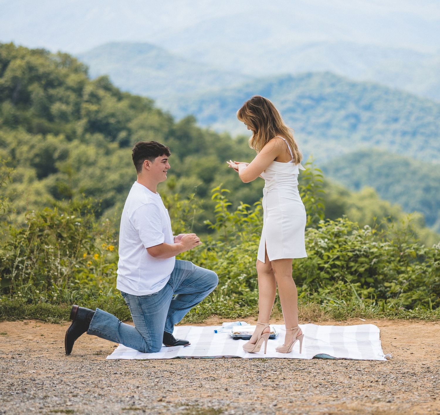 Outdoor proposal scene by lake with decorative arch and person kneeling.