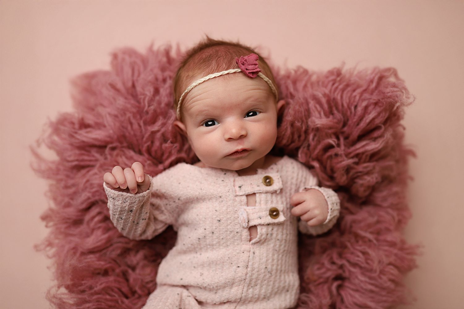 Alert newborn baby girl in pink knit romper lying on mauve fluffy rug with floral headband. Orem newborn photography
