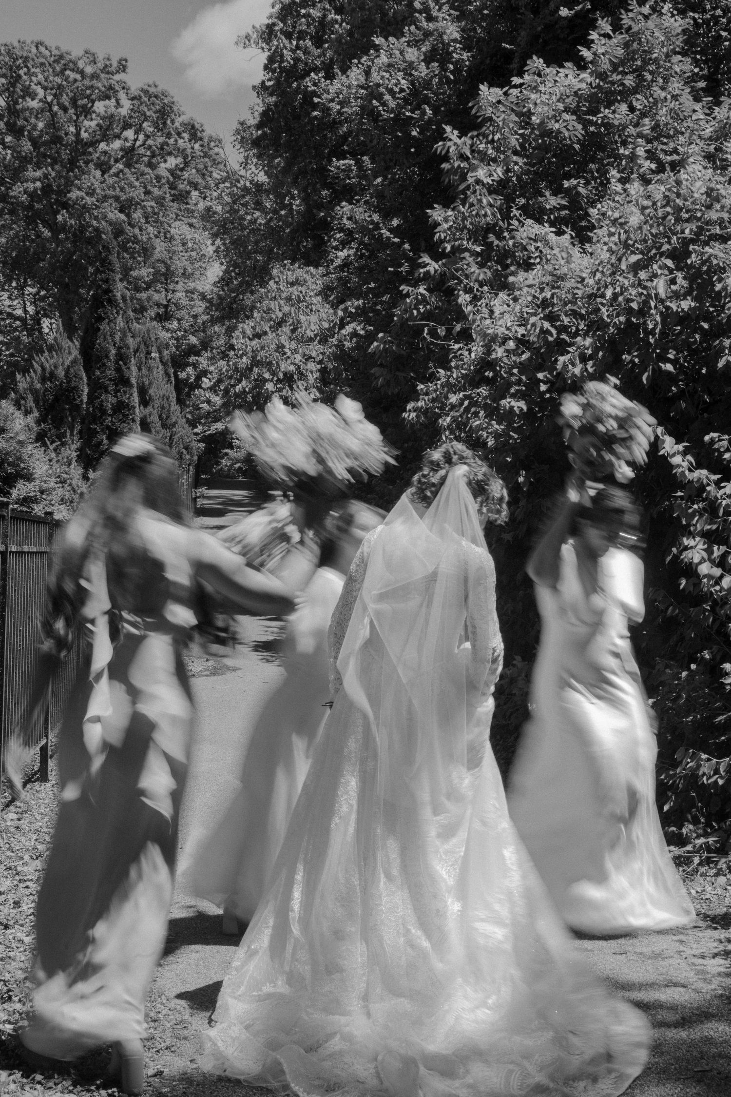 Black and white photo of a bride in a flowing veil and gown walking with bridesmaids outdoors near trees.