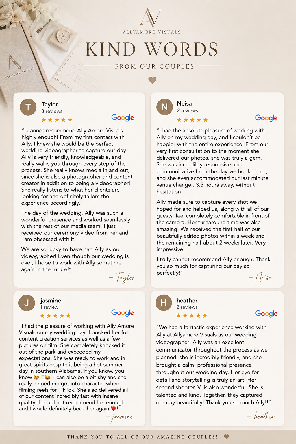 Wedding videographer Ally Amore Visuals five-star Google reviews from happy couples praising professional, friendly service.