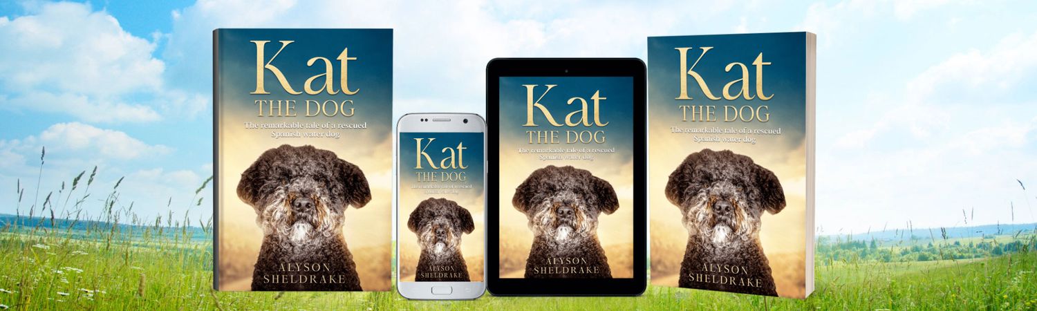 Book covers for Kat the Dog by Alyson Sheldrake, author, displayed on tablet, phone, and hardcover against a sunny green meadow backdrop.