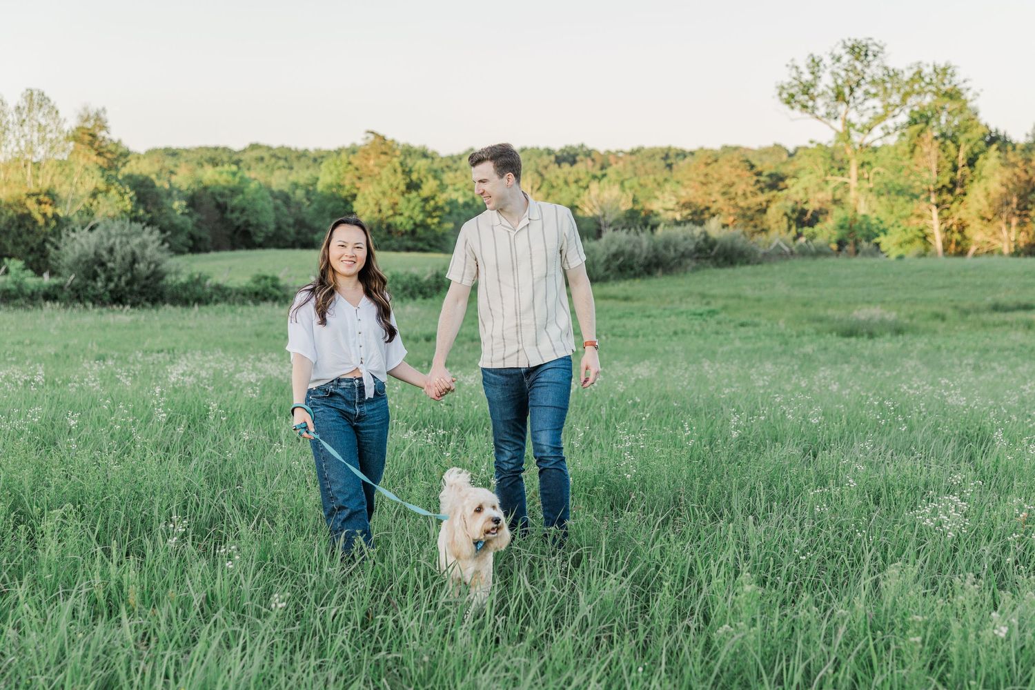 Couple holding hands and walking golden retriever dog in lush green meadow at golden hour sunset.